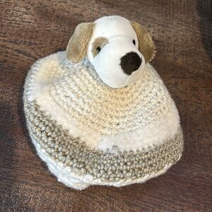 DMC Girls White & Gray Knitted Character Beret Hat with Puppy Plushy